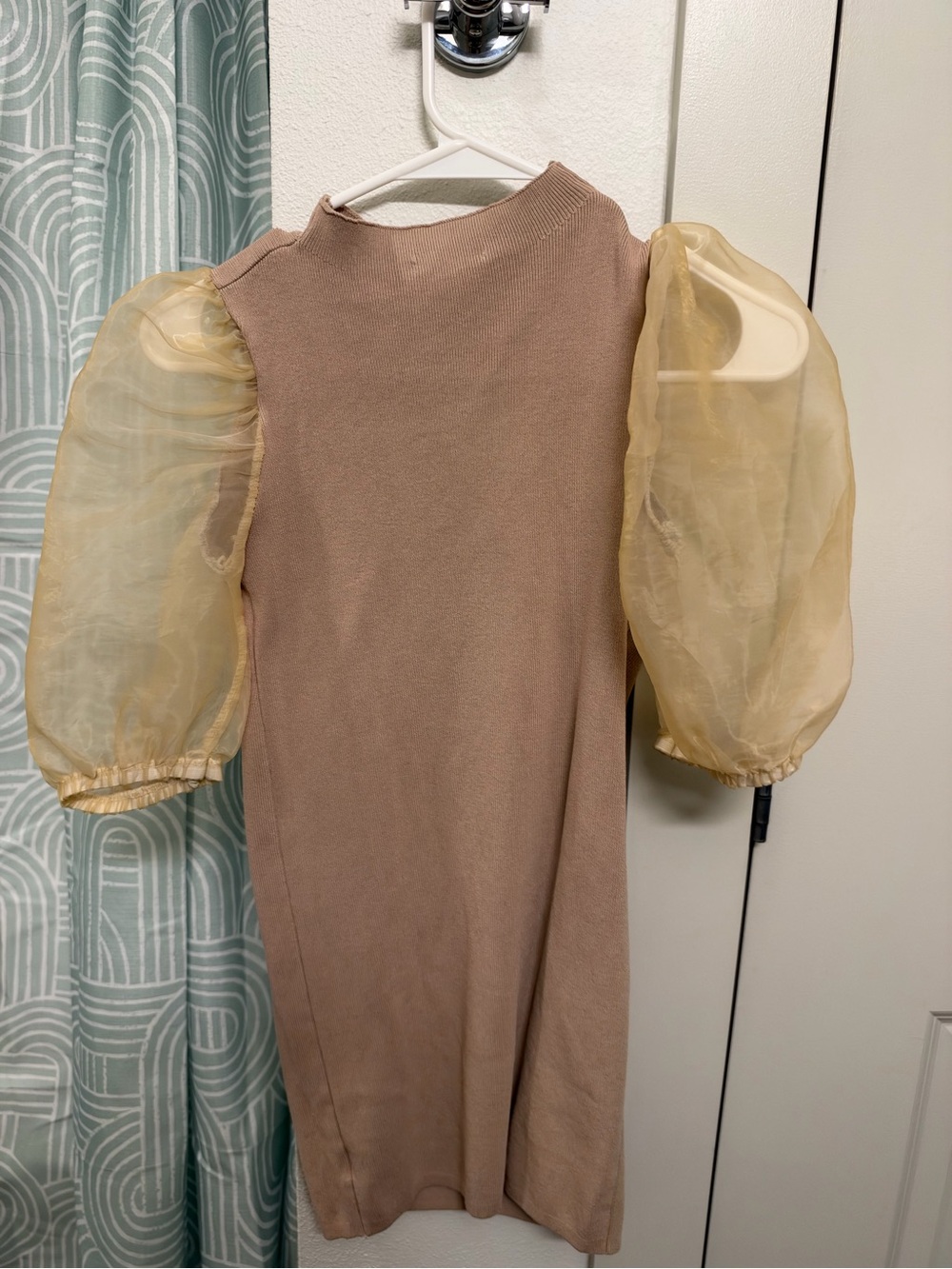 Sheer Puff Sleeve Knit Dress - Brown & Tan - Picture 4 of 4